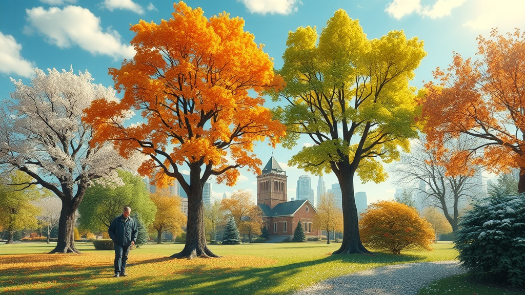 Engaging seasonal tree care scene showing trees in all four seasons, demonstrating seasonal tree maintenance tips