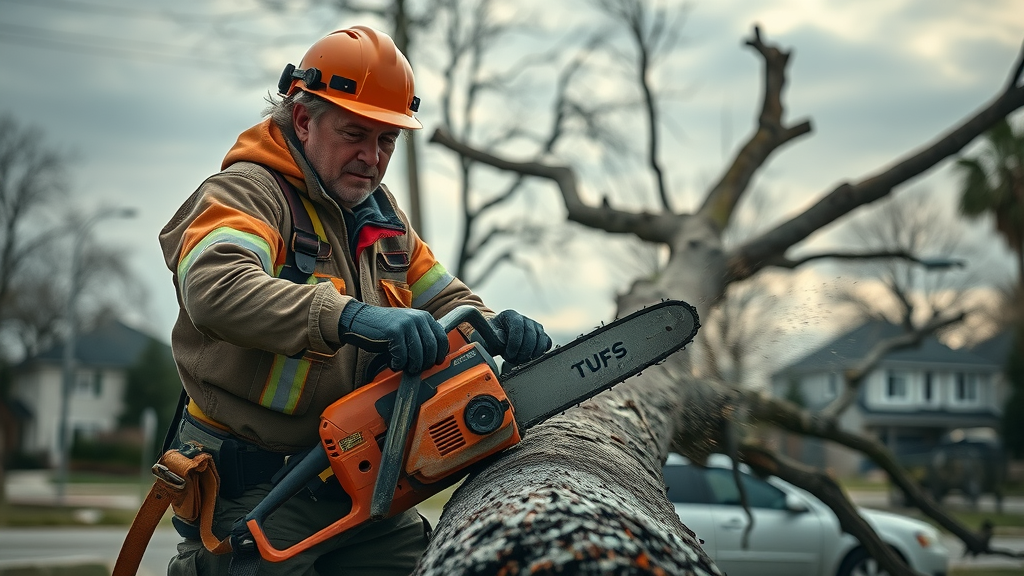 Certified arborist providing storm response with chainsaw clearing storm-fallen tree