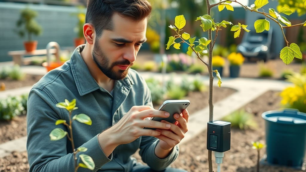 modern gardener using soil moisture sensor app near a young tree, showing digital tree watering guide for soil moisture and root health, detailed landscape in background