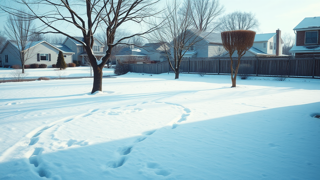 winter tree removal, snow-dusted yard, dormant trees, cost savings, residential background