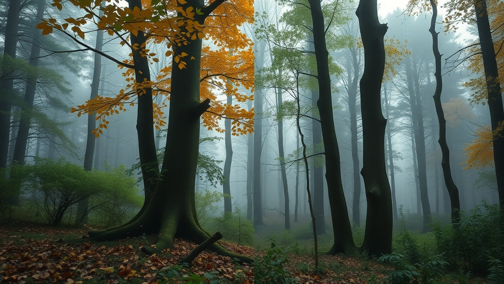 Tree Disease Treatment somber forest landscape with healthy and diseased trees side by side, showing contrast in foliage color and density