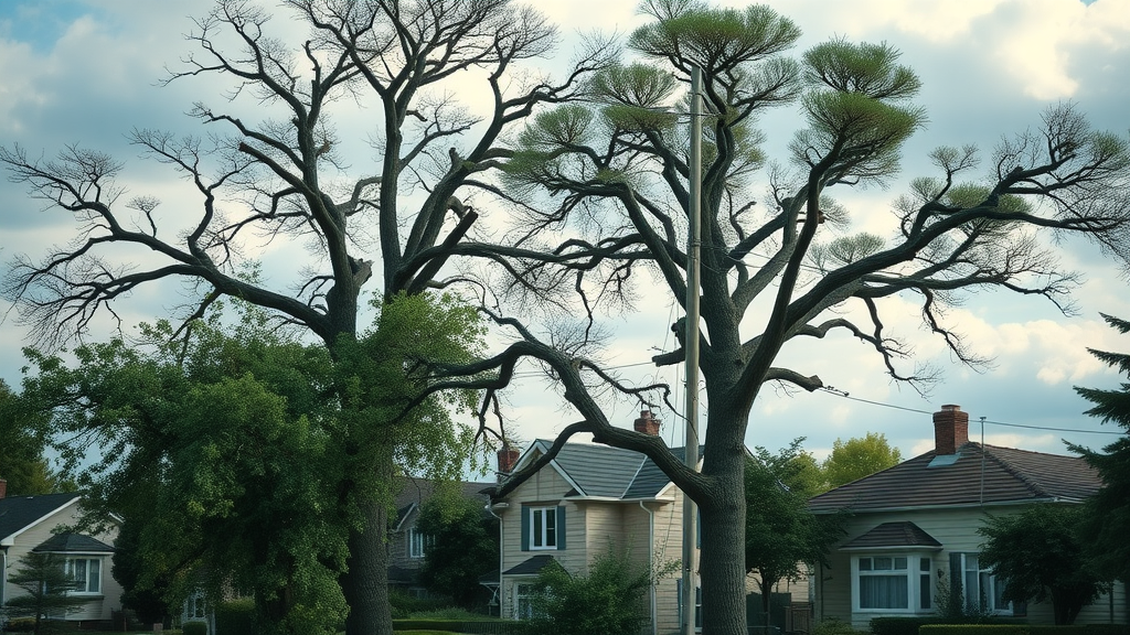 tree removal, large mature trees near homes showing hidden risks, power lines, visible hazards in an urban neighborhood