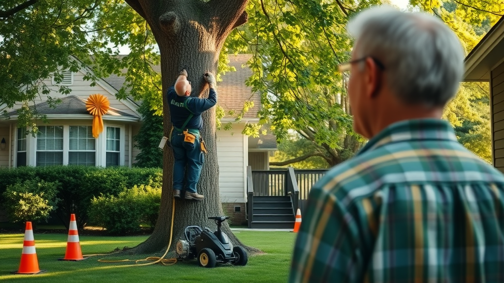 serious homeowner watching a professional tree removal crew, safety approaches, tall tree
