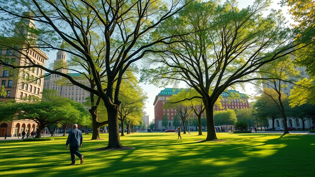 tree health maintenance in urban park with lush healthy trees and people walking for environmental benefits