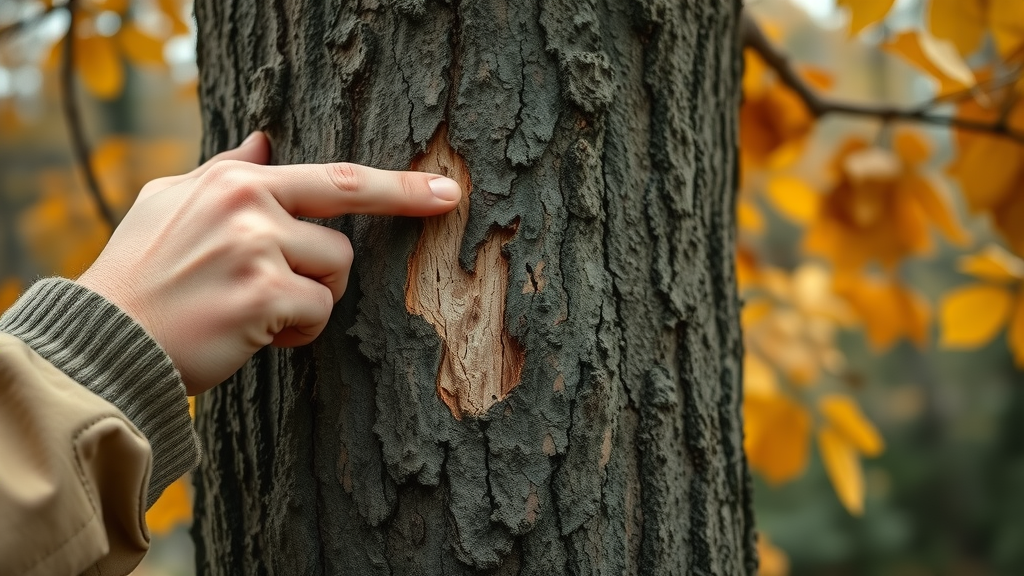 inspector checking health of a tree trunk for damage and cracks as part of tree health maintenance
