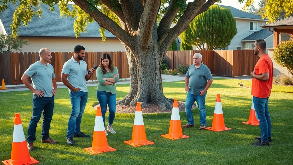 attentive grounds crew marking a tree trimming safety work zone with cones and tape, using walkie-talkies and checking equipment