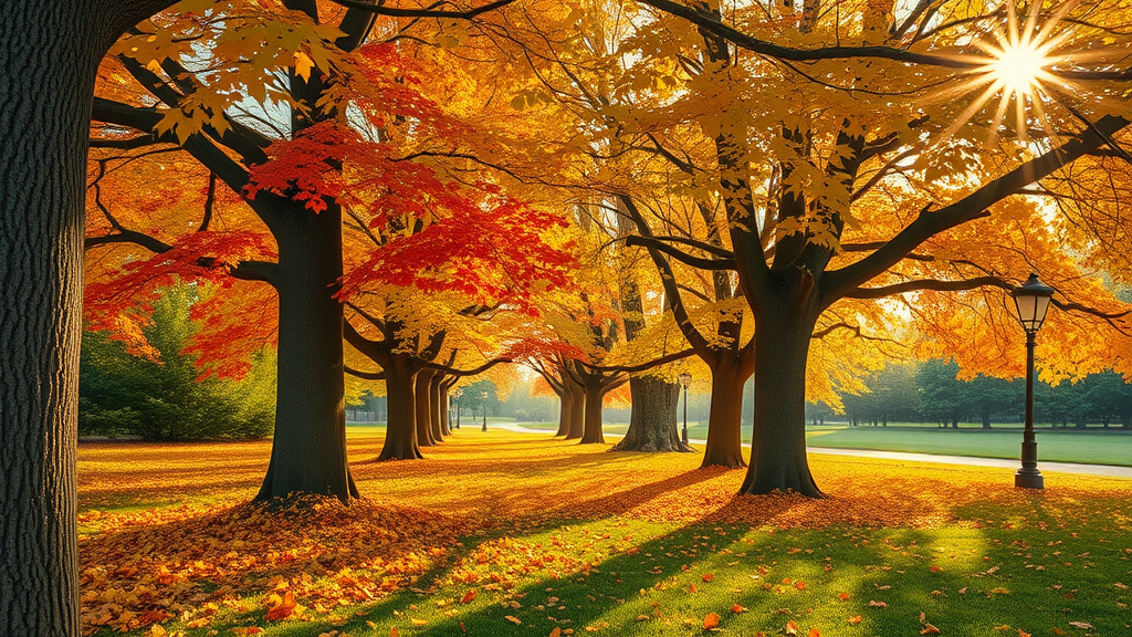 lush autumn landscape with vibrant yellow, red, and orange foliage, tranquil, close-up scene, showcasing healthy and well-maintained trees, Photorealistic High Fidelity Lifelike, a serene park setting with leaves carpeting the ground and shafts of sunlight filtering through branches, highly detailed, gentle breezes rustling the leaves, detailed bark texture, warm autumn tones, soft golden hour lighting