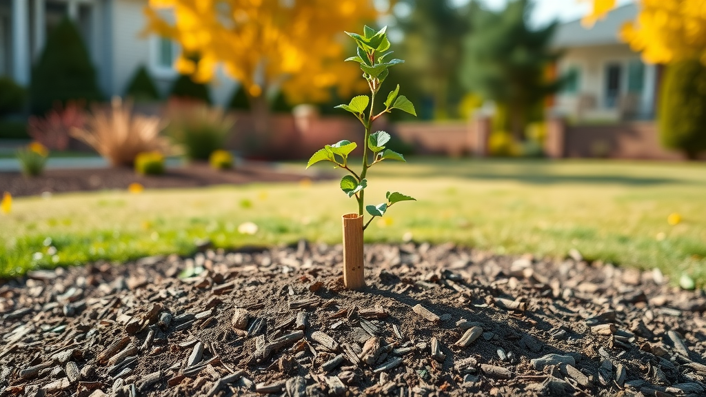 young sapling surrounded by a ring of mulch, hopeful, upright, recent planting and gentle soil shaping, residential front yard with autumn colors and distant mature trees, soft breeze moving green tags, fresh brown earth, shot with a 35mm lens