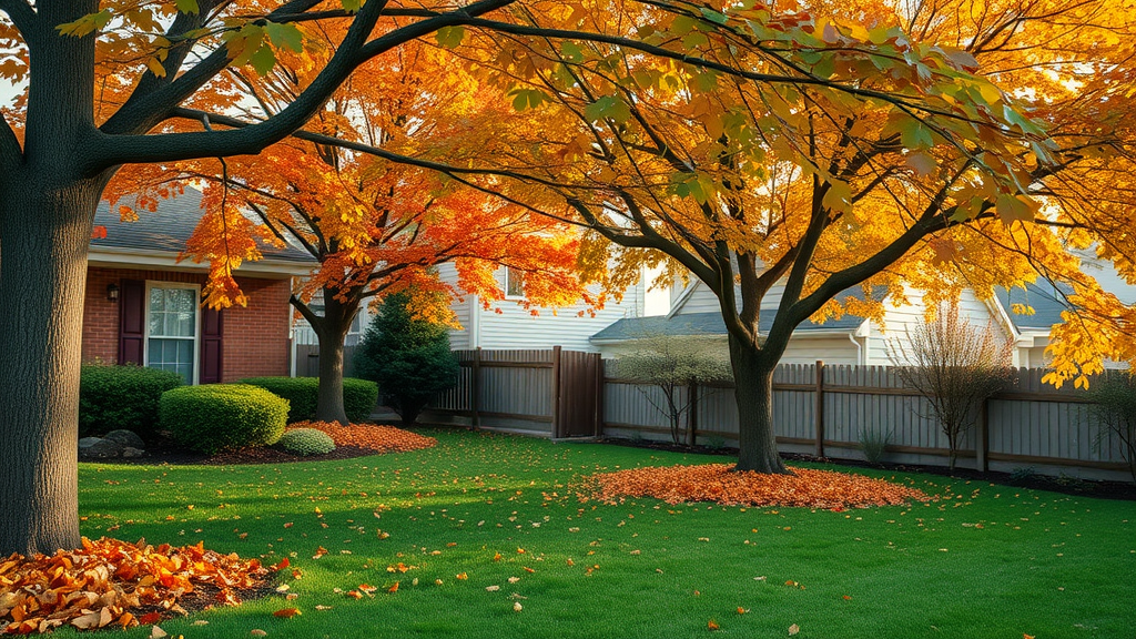 Pruning trees in fall in a suburban backyard, vibrant autumn foliage, homeowner assessing branches