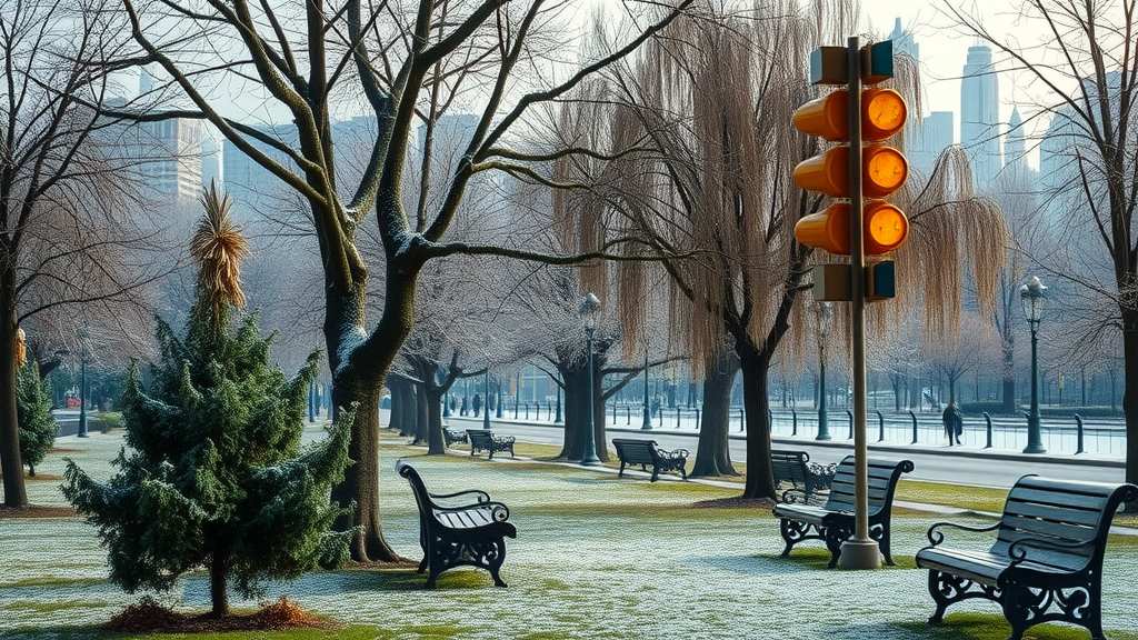 chilly urban park with various trees showing signs of frost damage and robust health, city skyline, and snow-dusted benches