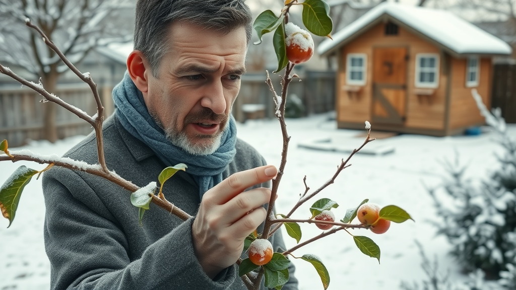 concerned homeowner inspecting a young fruit tree with frost cracks and wilted branches in snowy backyard