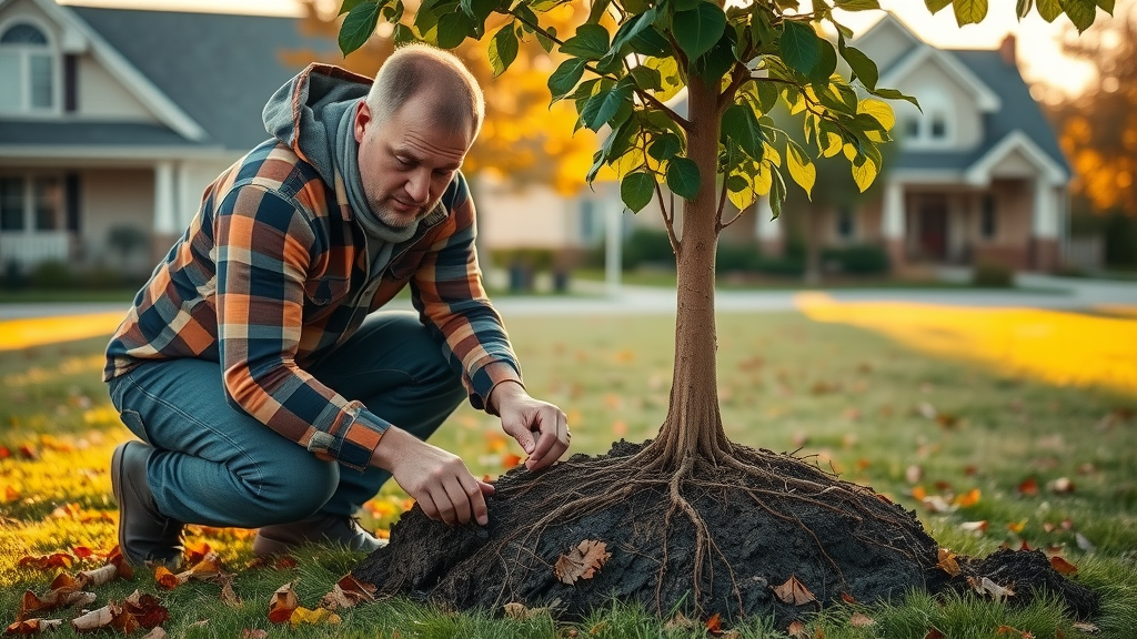 professional arborist kneeling beside a newly planted tree, examining roots and soil, autumn leaves swirling