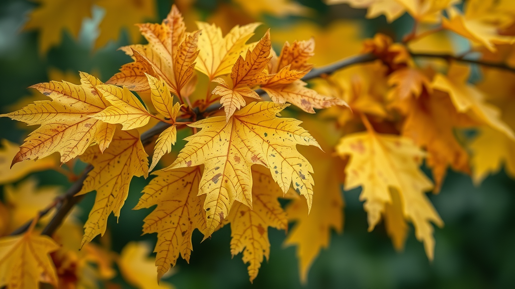 Tree branch with yellow-brown leaves, showing clear signs of nutrient deficiency in fall.
