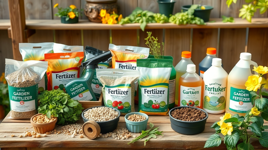 Granular vs. liquid fertilizer products for trees and shrubs on a garden bench, illustrating fall fertilization options.