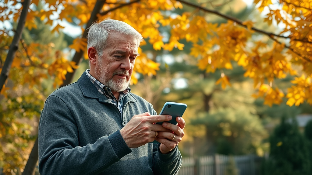 Homeowner checking weather app among mature trees to optimize the fall tree watering schedule.
