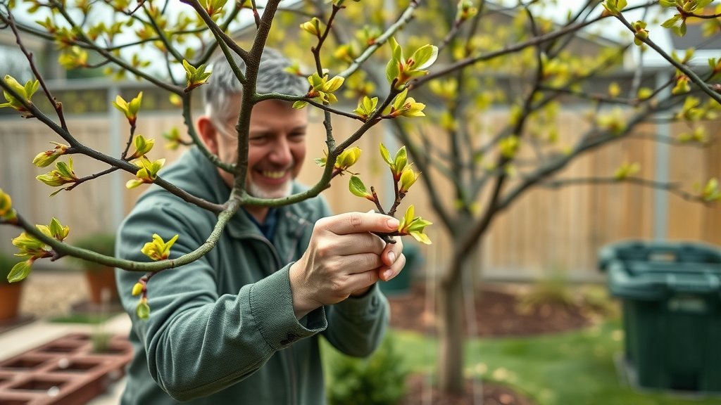 spring tree care tips: gardener carefully pruning budding tree, fresh mulch and gardening tools, revitalizing seasonal tree