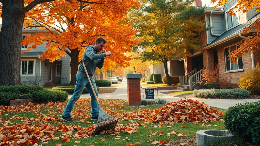 autumn tree care: homeowner raking amber and red leaves beneath trees, prepping landscape for winter, seasonal tree maintenance
