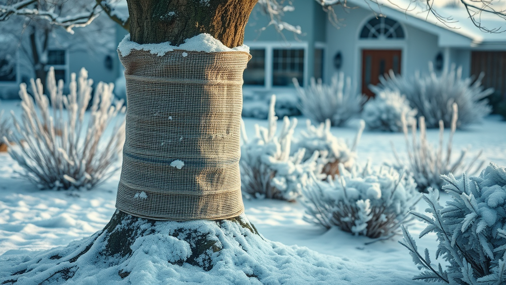 winter tree care: snow-covered tree trunk protected with burlap wrap, homeowner inspecting, showing best cold weather tree maintenance