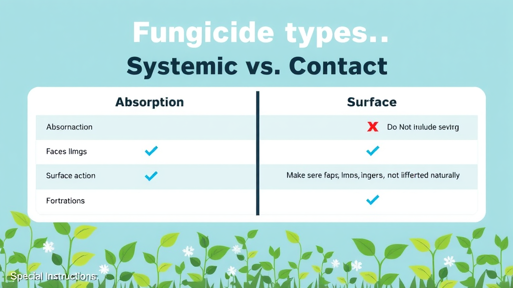 Fungicide comparison chart: Systemic vs Contact fungicide with plant illustrations.