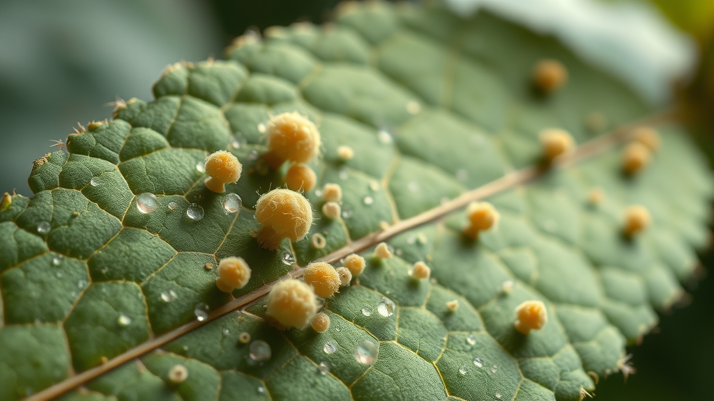 Microscopic view of fungal spores and pathogens infecting leaf surface, educational illustration of leaf spot fungi.