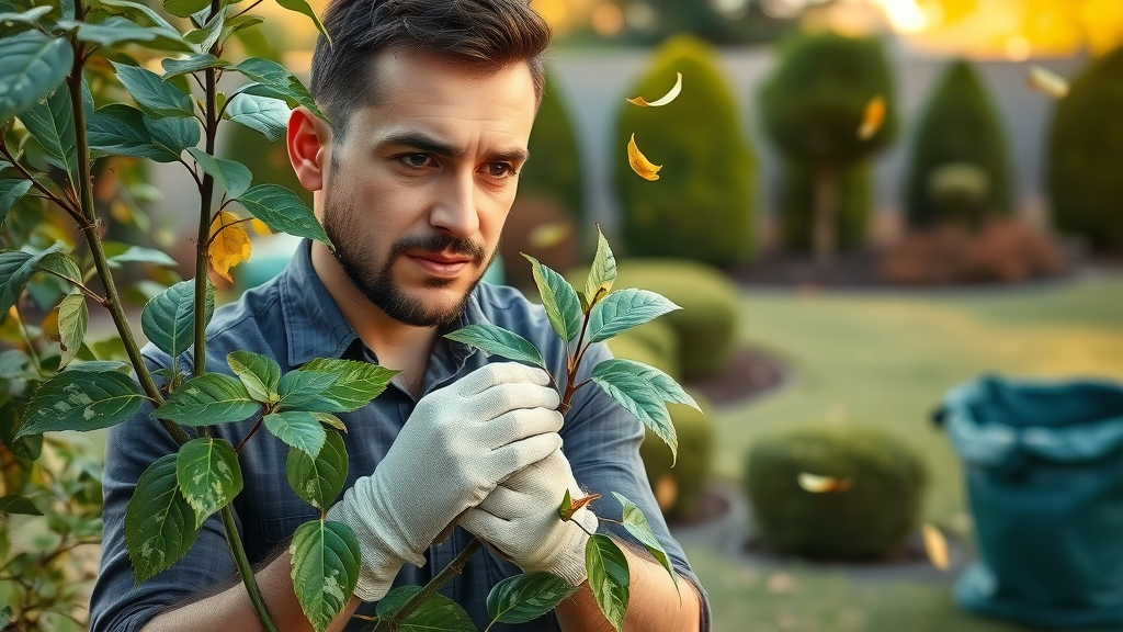 Gardener in gloves removing spotted leaves from shrub as part of fungal leaf spot control, landscaped backyard in afternoon sun.