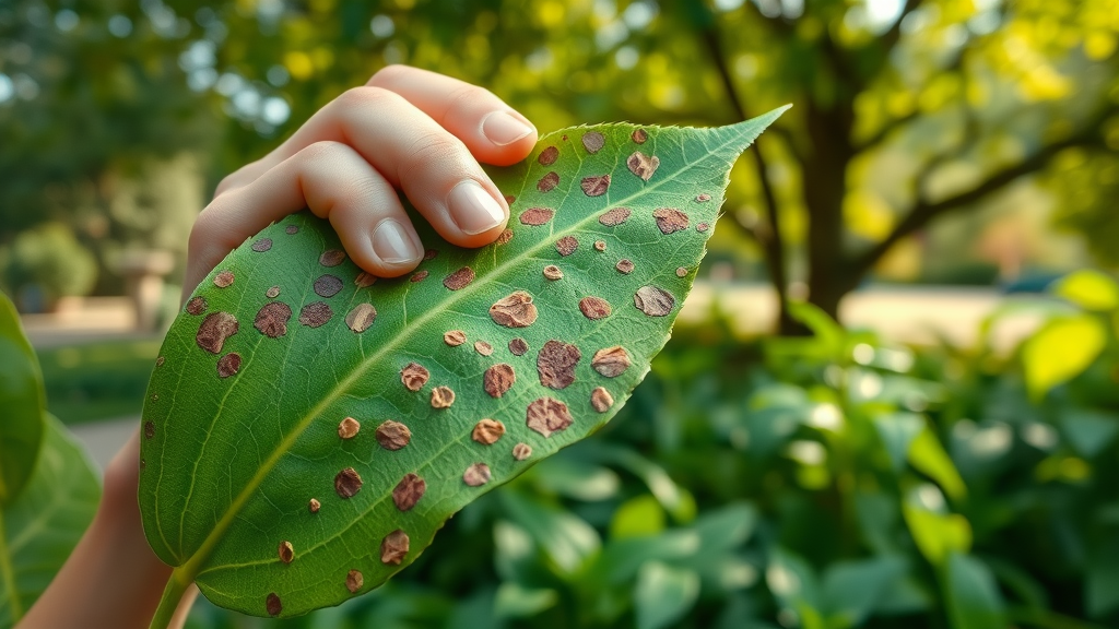 Green leaf with small brown and yellow spots examined by gardener, illustrating leaf spot symptoms in trees and shrubs