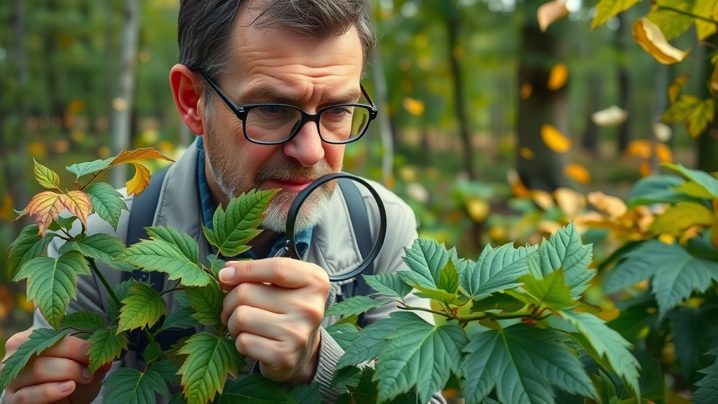 Botanist inspecting tree leaves for leaf spot disease symptoms with magnifying glass
