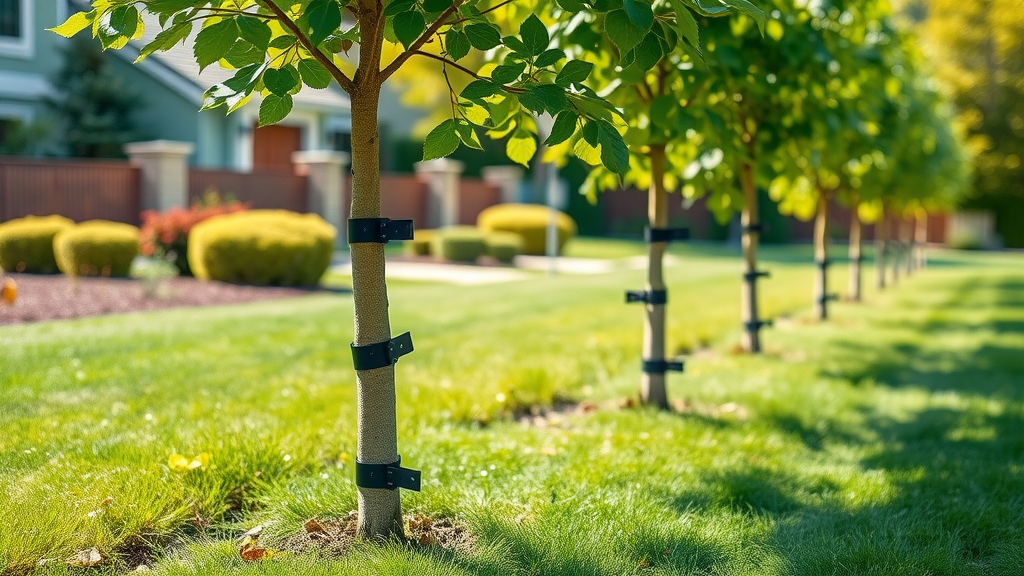 engineered tree guards installed around saplings, row of young trees in a suburban garden, vivid green hues, midday sunlight.