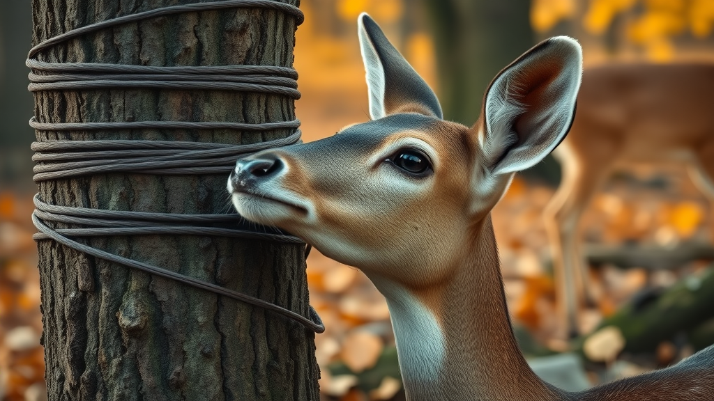 deer attempting to reach a tree protected by a mesh tree guard in autumn forest edge