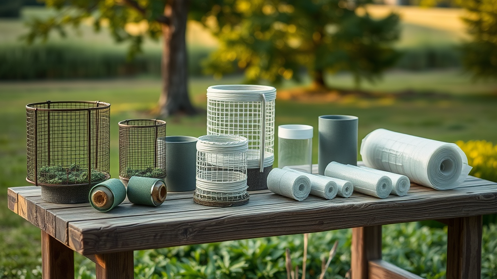 variety of tree guards for deer (mesh, plastic mesh, bar, wrap) displayed outdoors on wooden table