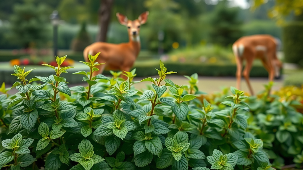Mint scent deer repellent scene, fresh mint in garden bed, hesitant deer in the background. Mint scent in natural deer repellents deterring deer from garden.