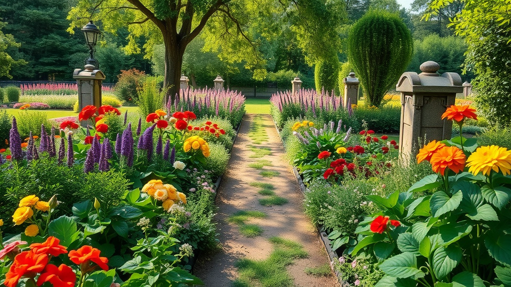 Thriving, deer-free garden with vibrant flowers and lush vegetables. Effective natural deer repellents protect gardens from deer damage.
