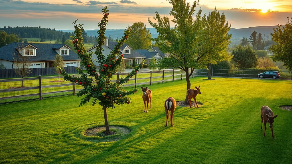 Lush suburban landscape with young fruit trees, tall deer fencing, deer grazing, concerned homeowner, sunrise, photorealistic high fidelity, grassy yard with rolling hills, vibrant green and earthy colors, natural morning light