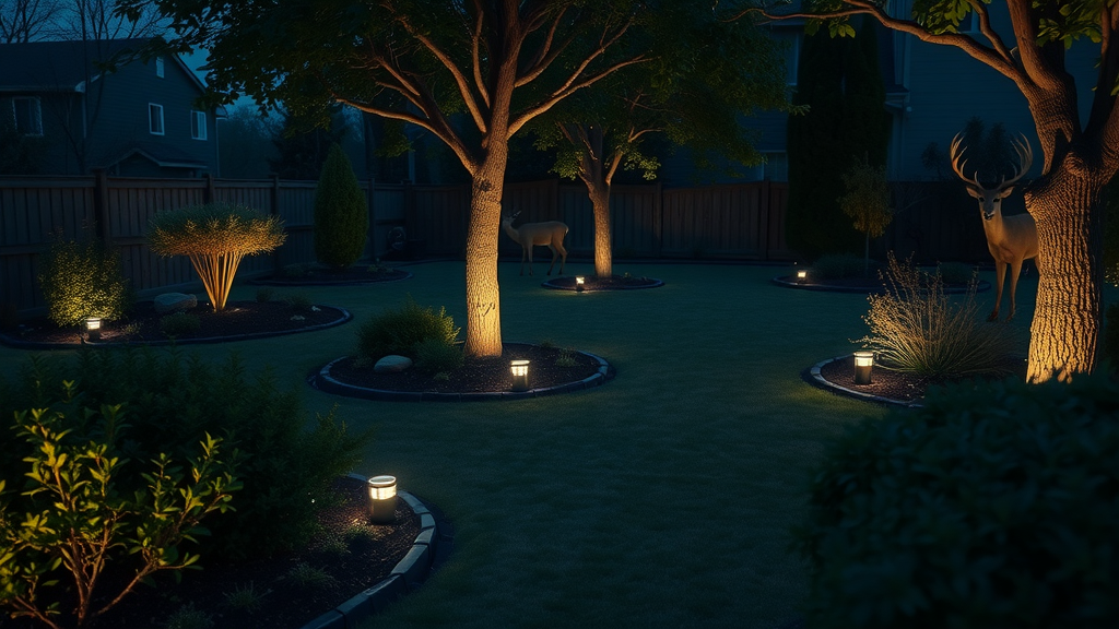 Garden with motion-activated lights, scent devices among trees and bushes, creative landscaping to deter deer, dusk blue and gray palette, photorealistic