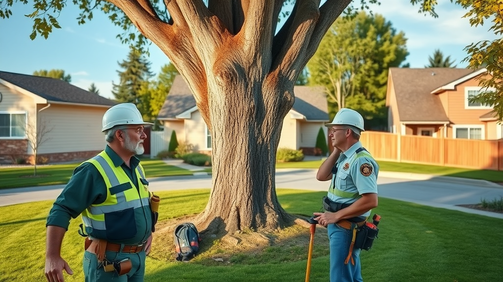 tree removal specialist and homeowner discussing tree care in suburban yard, safety equipment, and risk assessment