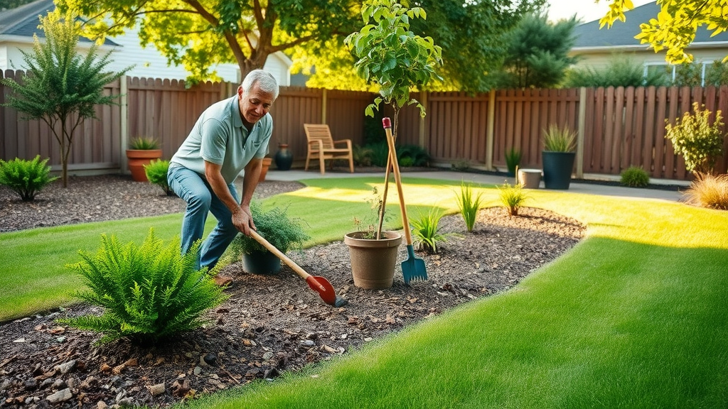 after tree removal, homeowner and gardener rejuvenating lawn, planting bushes, mulching, restoring healthy yard