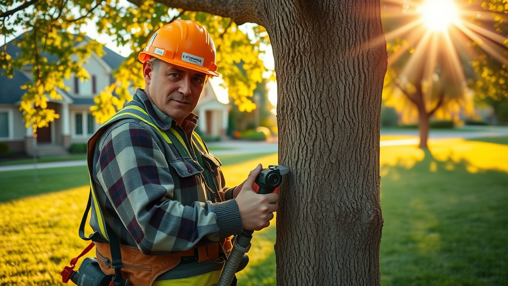 Certified arborist inspecting diseased tree trunk for expert tree care and removal services