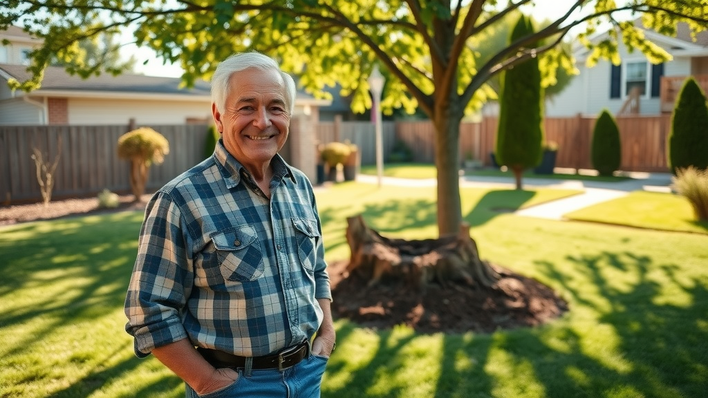 Satisfied homeowner smiles after professional tree removal in a tidy backyard