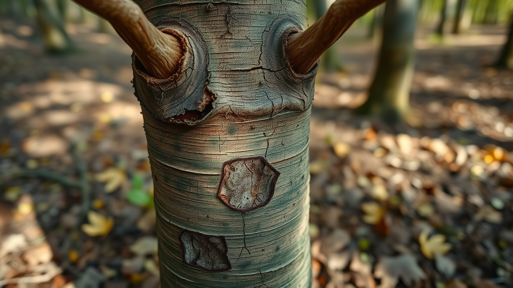 Close-up of young tree with bark stripped and damaged by deer antlers, impact of deer on tree health, photorealistic macro in natural forest setting