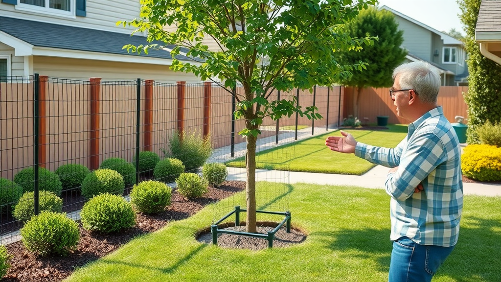 impact of deer on tree health – young trees in suburban yard protected by mesh fencing and tree guards, deer management and healthy landscape, photorealistic